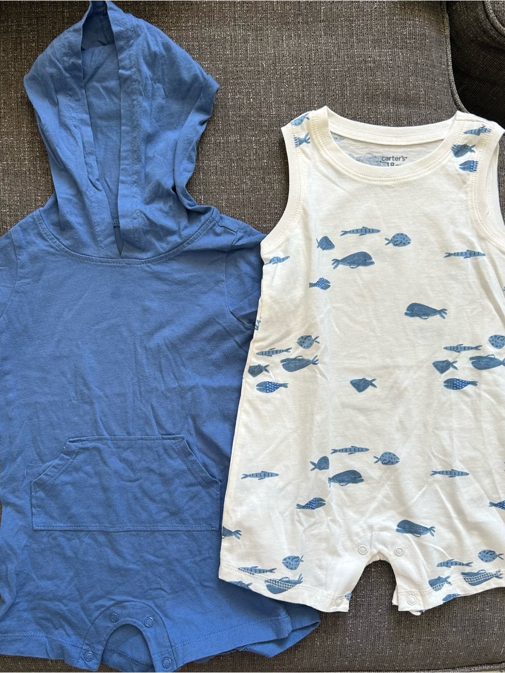 5/$25 Carter's Baby Boys Blue Hooded Romper & White Fish-Print Sleeveless Romper